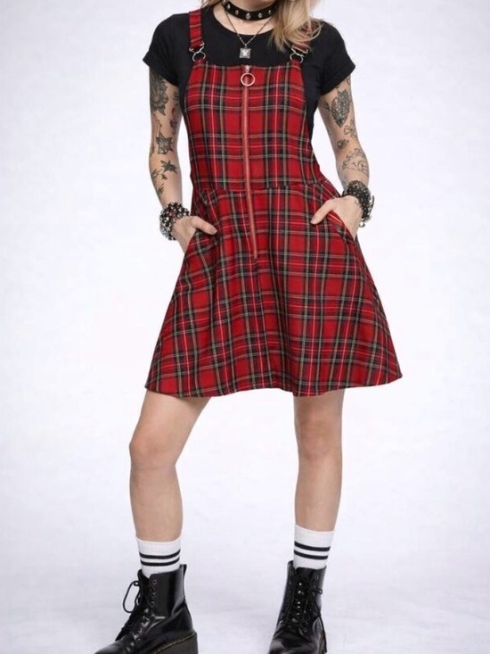 Hot Topic Dresses & Skirts - Hot Topic Red Plaid O-ring Skirtall Bondage Punk Mini Dress Large Emo Grunge